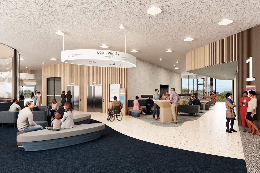 An artist's impression of a waiting area at the future Wyndham Law Courts. A group of people from several demographics sit outside a courtroom.