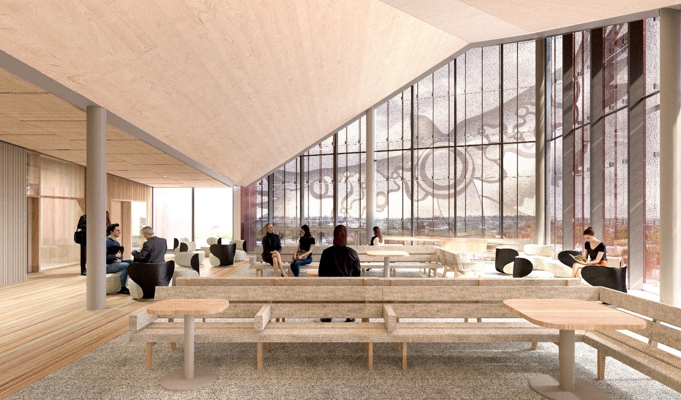 Artist impression, view from inside level 4, Koori Court waiting room. Artist impression, view from inside level 4, Koori Court waiting room.